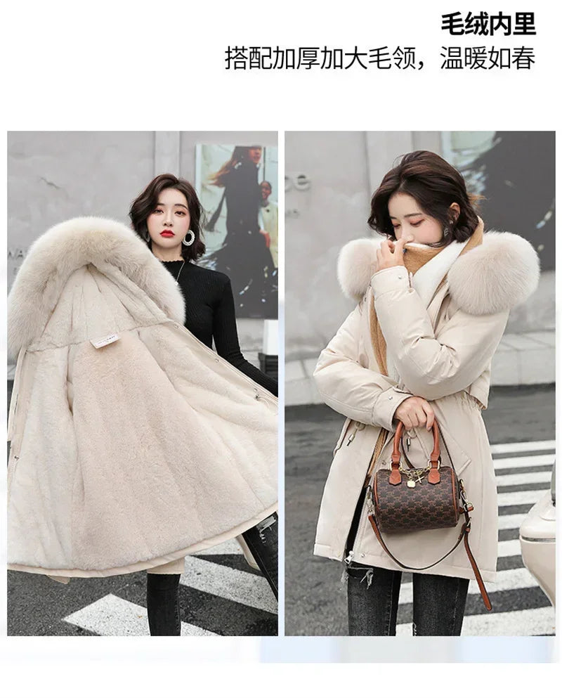 Winter Coat Low Price On Sale Women Beige Add Wool Thick Warmth Fur Hooded Parkas Jacket 2023 New Fashion Belt Slim Cotton Coat