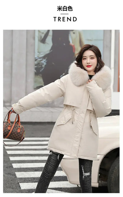 Winter Coat Low Price On Sale Women Beige Add Wool Thick Warmth Fur Hooded Parkas Jacket 2023 New Fashion Belt Slim Cotton Coat