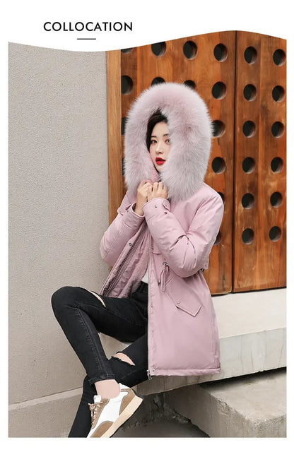 Winter Coat Low Price On Sale Women Beige Add Wool Thick Warmth Fur Hooded Parkas Jacket 2023 New Fashion Belt Slim Cotton Coat