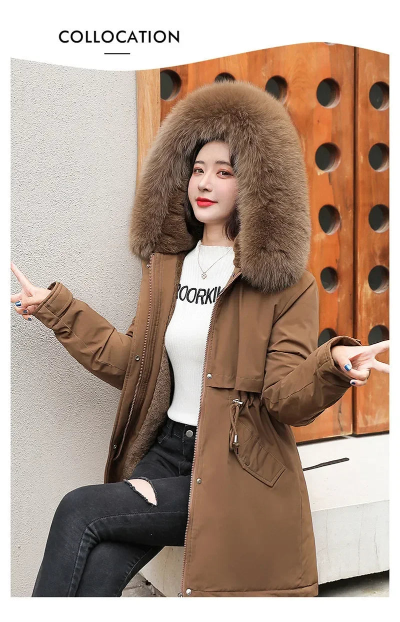 Winter Coat Low Price On Sale Women Beige Add Wool Thick Warmth Fur Hooded Parkas Jacket 2023 New Fashion Belt Slim Cotton Coat