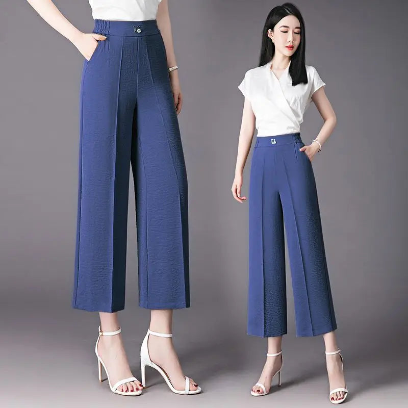 Fashion Women's Loose Leg Pants - Streetwear Korean Clothing (All-match Casual High Waist Solid Cropped Trousers)