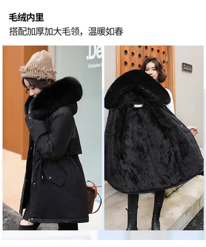 Winter Coat Low Price On Sale Women Beige Add Wool Thick Warmth Fur Hooded Parkas Jacket 2023 New Fashion Belt Slim Cotton Coat