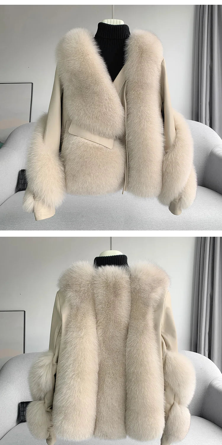 Real Fur Coat Winter Jacket - Women's Natural Fox Fur, Leather Outerwear/Streetwear Locomotive Thick Warm New