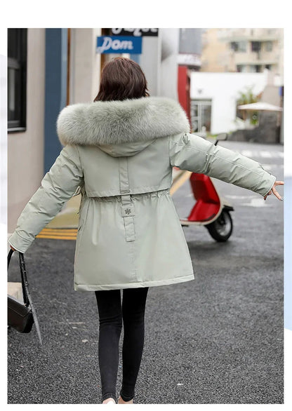 Winter Coat Low Price On Sale Women Beige Add Wool Thick Warmth Fur Hooded Parkas Jacket 2023 New Fashion Belt Slim Cotton Coat