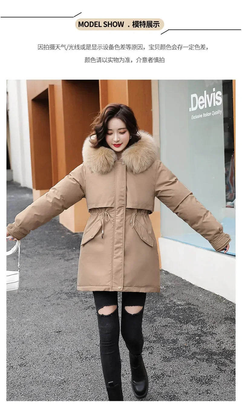 Winter Coat Low Price On Sale Women Beige Add Wool Thick Warmth Fur Hooded Parkas Jacket 2023 New Fashion Belt Slim Cotton Coat