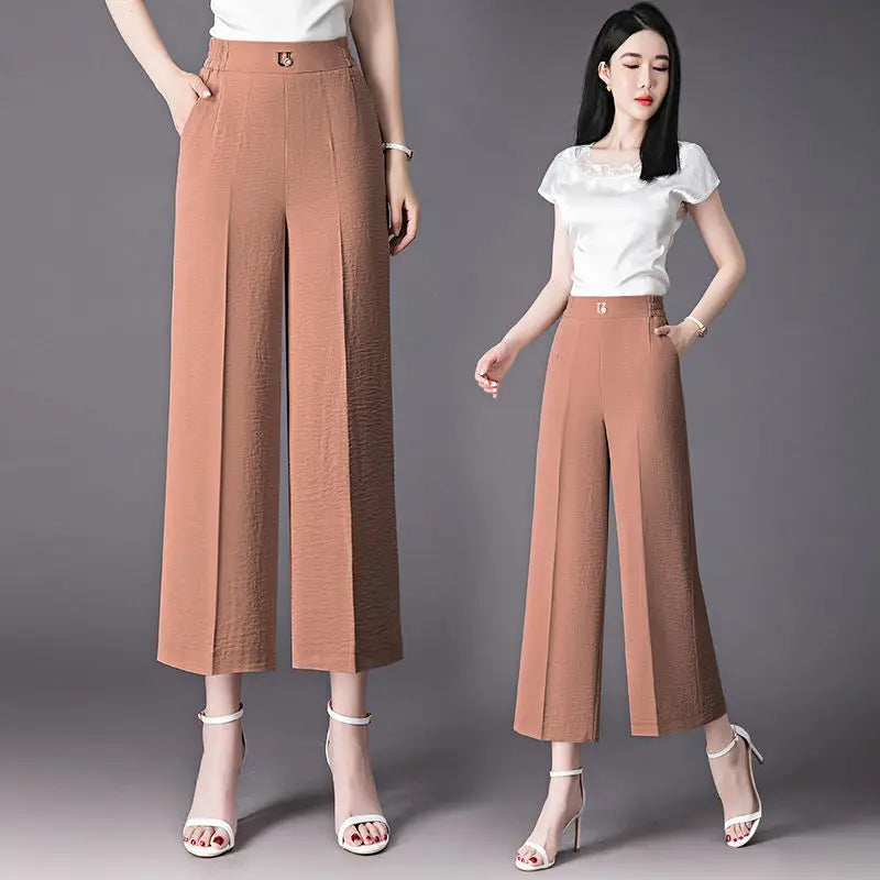 Fashion Women's Loose Leg Pants - Streetwear Korean Clothing (All-match Casual High Waist Solid Cropped Trousers)