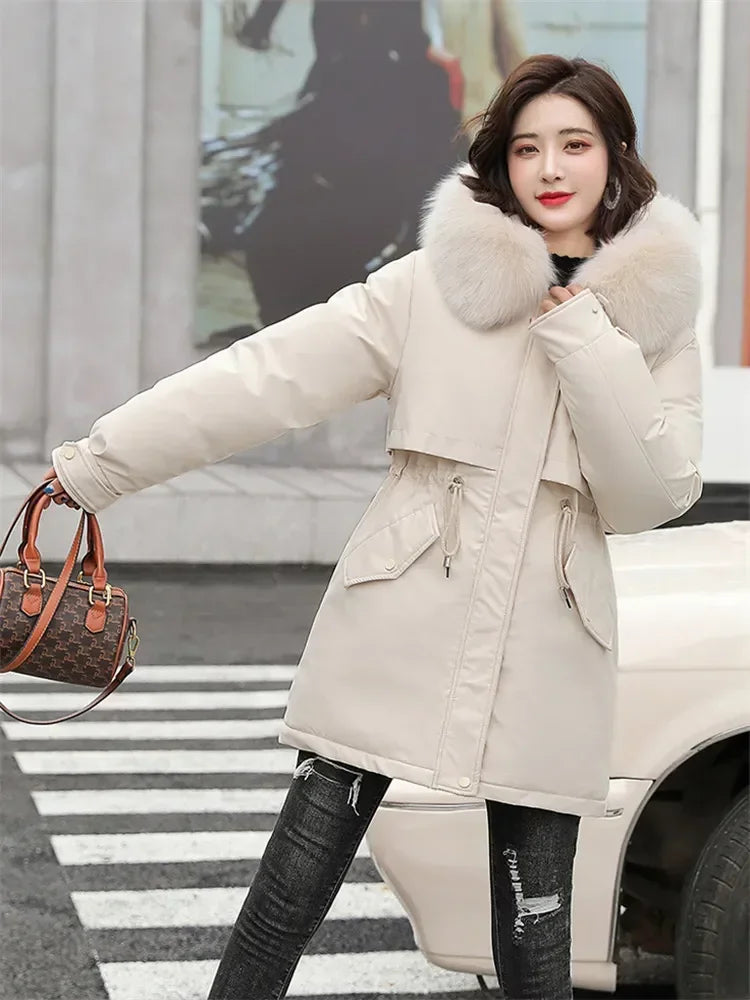 Winter Coat Low Price On Sale Women Beige Add Wool Thick Warmth Fur Hooded Parkas Jacket 2023 New Fashion Belt Slim Cotton Coat