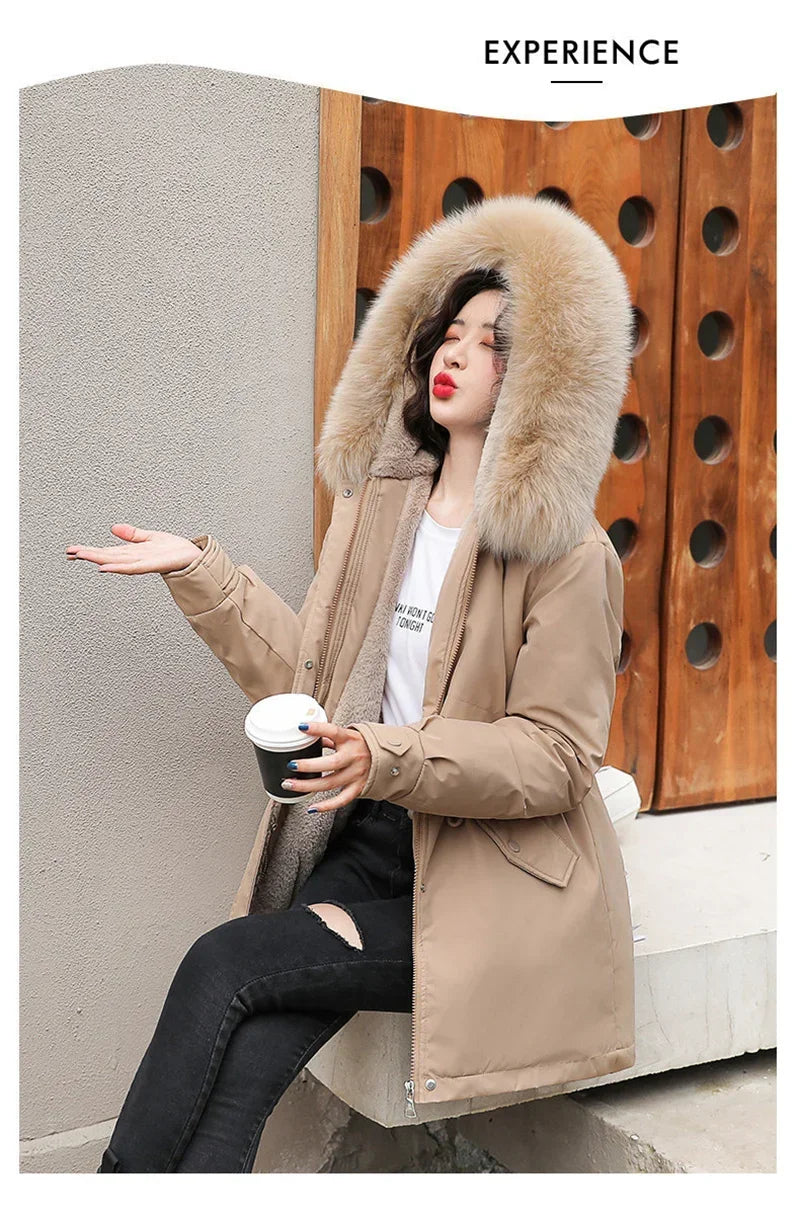 Winter Coat Low Price On Sale Women Beige Add Wool Thick Warmth Fur Hooded Parkas Jacket 2023 New Fashion Belt Slim Cotton Coat