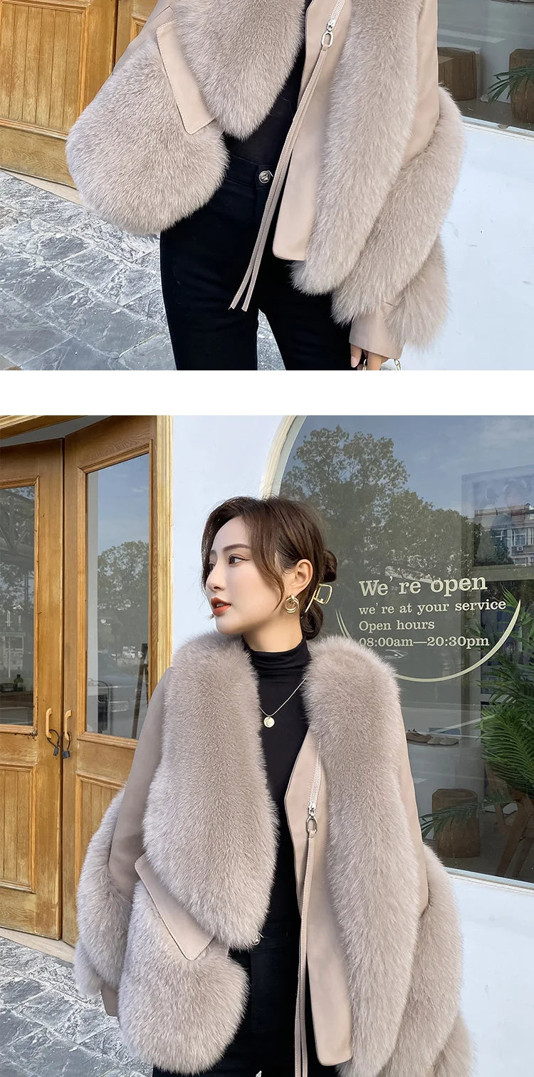 Real Fur Coat Winter Jacket - Women's Natural Fox Fur, Leather Outerwear/Streetwear Locomotive Thick Warm New