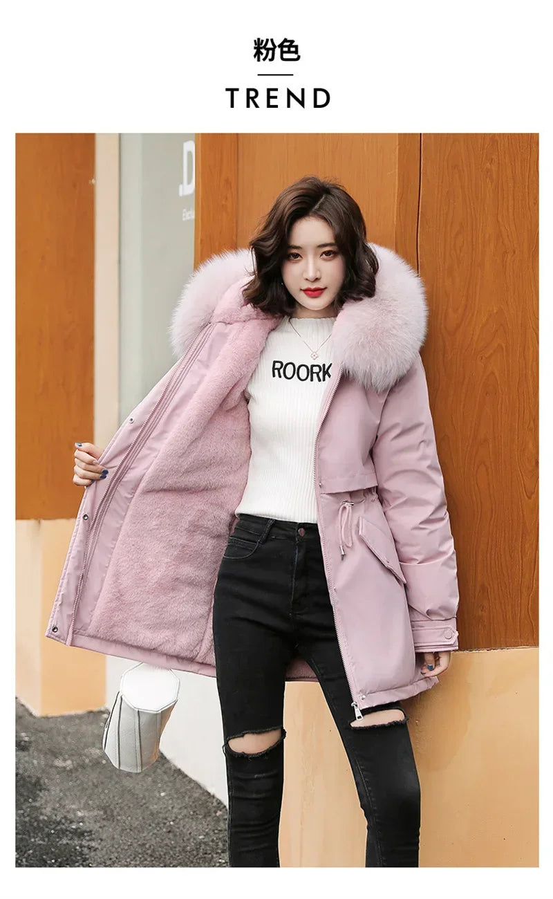 Winter Coat Low Price On Sale Women Beige Add Wool Thick Warmth Fur Hooded Parkas Jacket 2023 New Fashion Belt Slim Cotton Coat