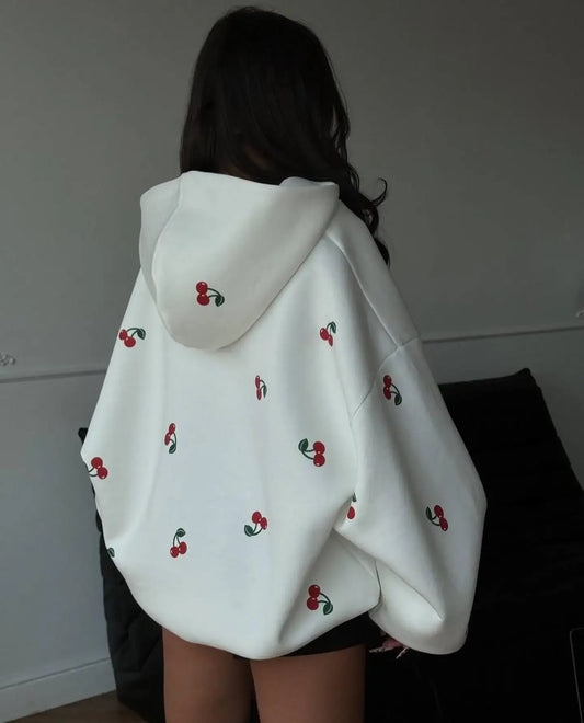 Harajuku fresh style fashionable cherry pattern white zipper hoodie/sweatshirt