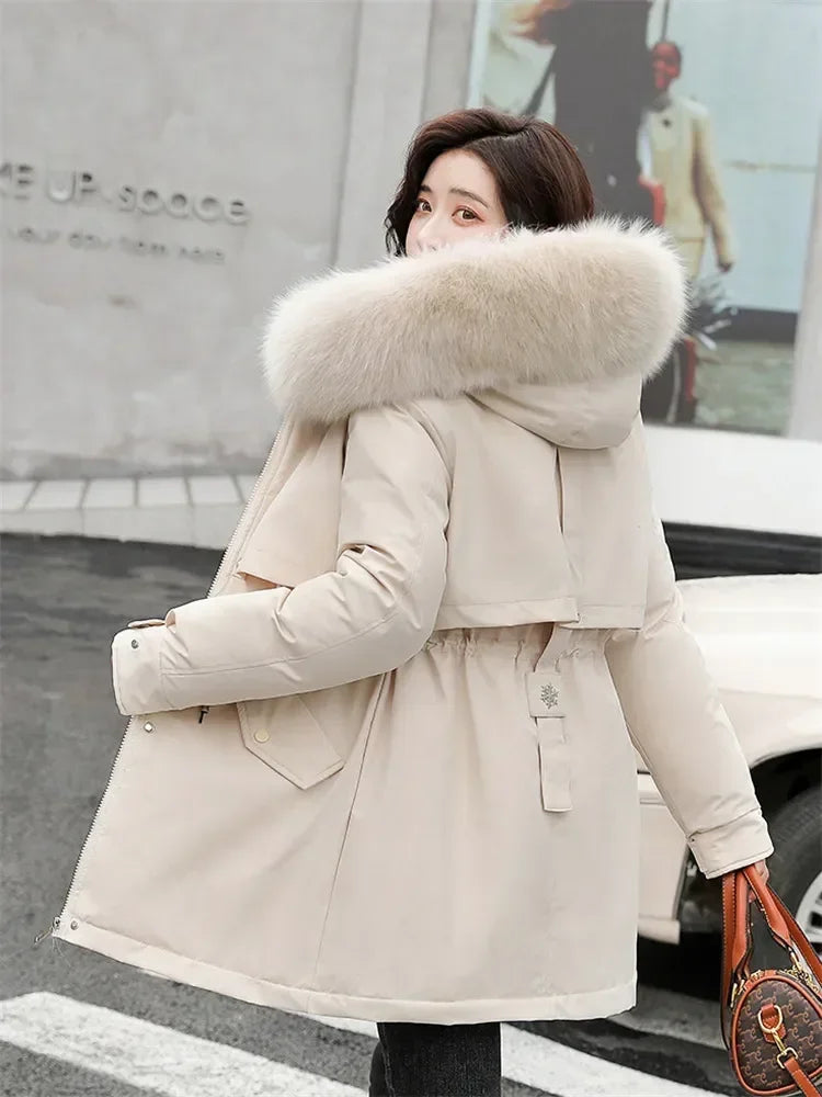 Winter Coat Low Price On Sale Women Beige Add Wool Thick Warmth Fur Hooded Parkas Jacket 2023 New Fashion Belt Slim Cotton Coat