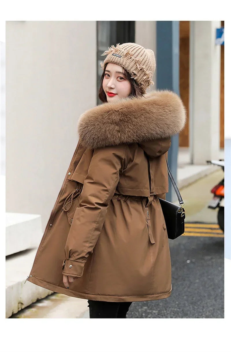 Winter Coat Low Price On Sale Women Beige Add Wool Thick Warmth Fur Hooded Parkas Jacket 2023 New Fashion Belt Slim Cotton Coat