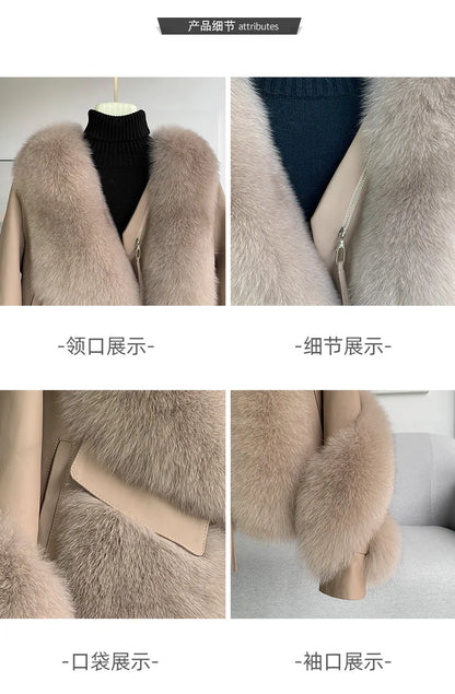 Real Fur Coat Winter Jacket - Women's Natural Fox Fur, Leather Outerwear/Streetwear Locomotive Thick Warm New