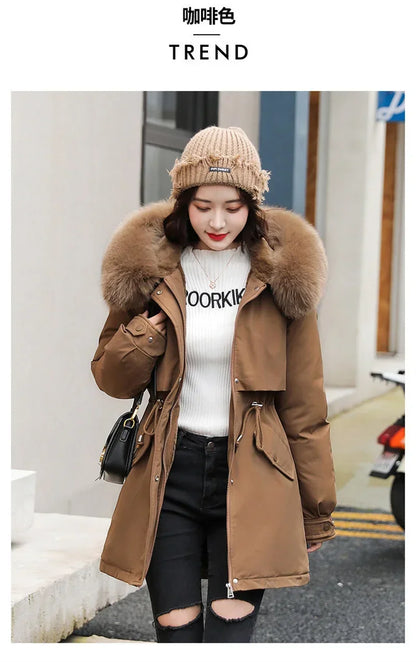 Winter Coat Low Price On Sale Women Beige Add Wool Thick Warmth Fur Hooded Parkas Jacket 2023 New Fashion Belt Slim Cotton Coat