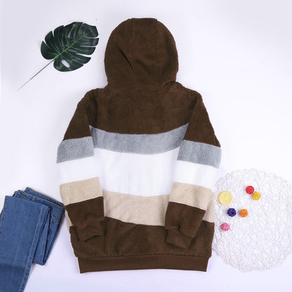 Winter Women's Warm Teddy Coat Fashion Casual Stitching Plaid Hooded Zipper Coat Ladies Plush Fleece Jacket New Winter Clothes