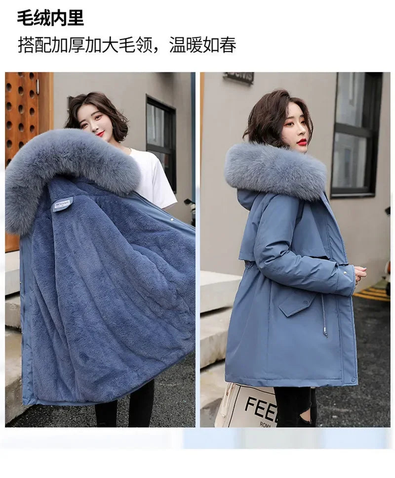 Winter Coat Low Price On Sale Women Beige Add Wool Thick Warmth Fur Hooded Parkas Jacket 2023 New Fashion Belt Slim Cotton Coat