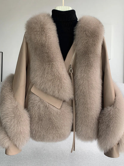 Real Fur Coat Winter Jacket - Women's Natural Fox Fur, Leather Outerwear/Streetwear Locomotive Thick Warm New