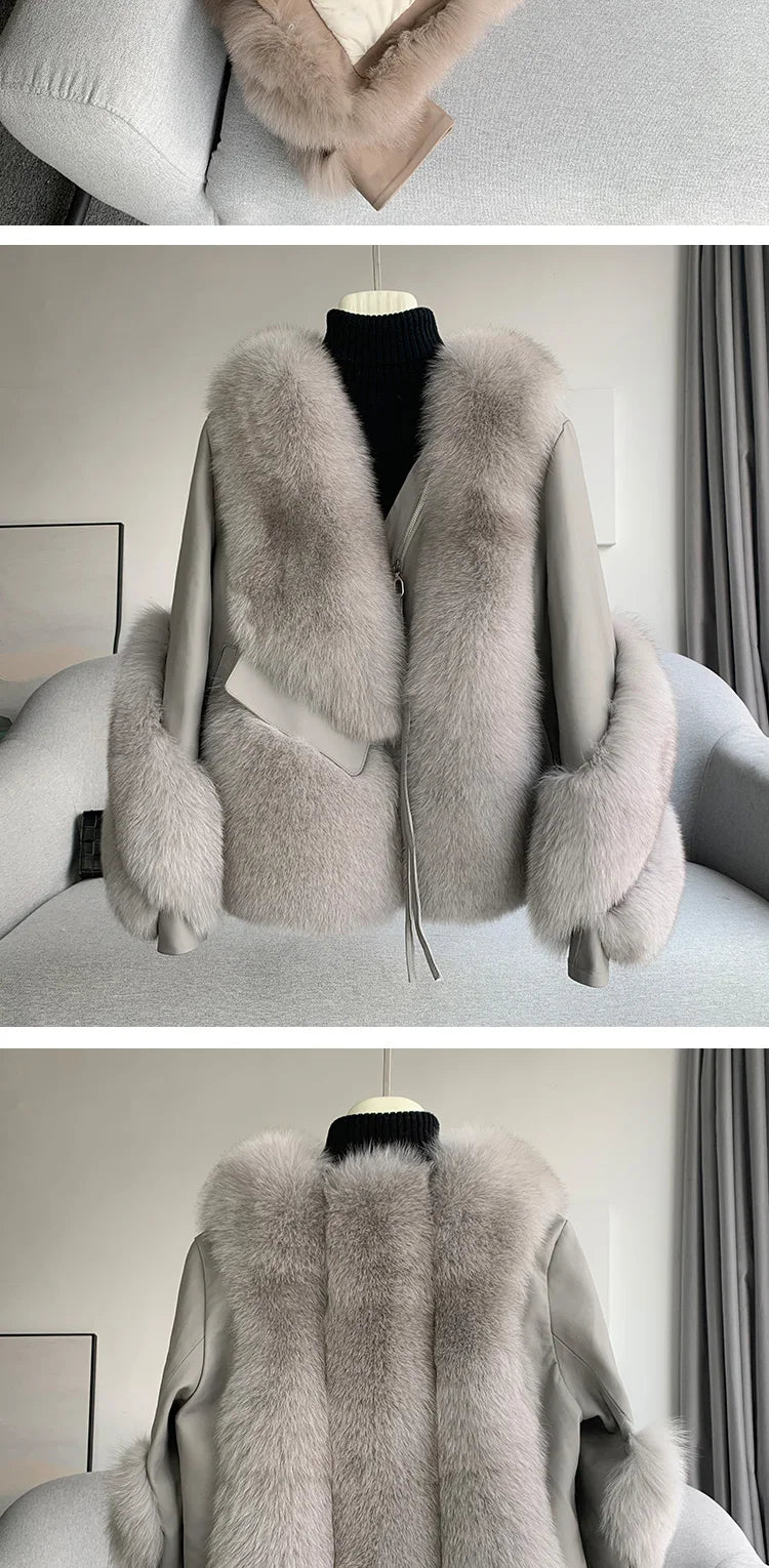 Real Fur Coat Winter Jacket - Women's Natural Fox Fur, Leather Outerwear/Streetwear Locomotive Thick Warm New