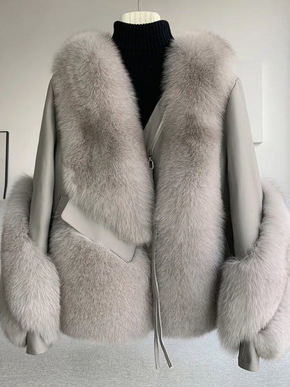 Real Fur Coat Winter Jacket - Women's Natural Fox Fur, Leather Outerwear/Streetwear Locomotive Thick Warm New