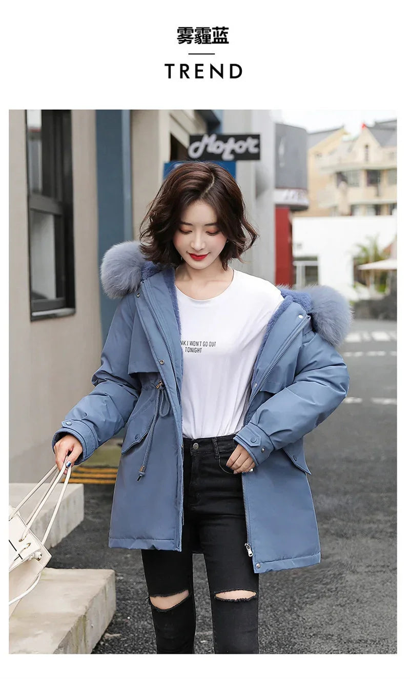 Winter Coat Low Price On Sale Women Beige Add Wool Thick Warmth Fur Hooded Parkas Jacket 2023 New Fashion Belt Slim Cotton Coat