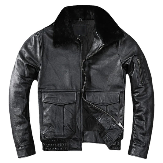 New Air Force Leather Jacket - Detachable Real Fur Collar, Thicken Warm Cowhide Winter Coat