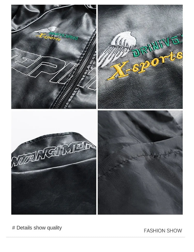 Mens Leather Jacket Pu Letter Embroidery Motorcycle Jacket Retro Hip Hop Windbreaker Biker Coat Street Fashion Black White Green