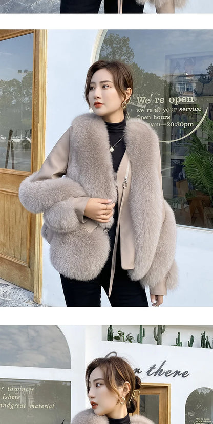 Real Fur Coat Winter Jacket - Women's Natural Fox Fur, Leather Outerwear/Streetwear Locomotive Thick Warm New