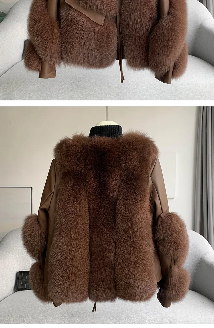 Real Fur Coat Winter Jacket - Women's Natural Fox Fur, Leather Outerwear/Streetwear Locomotive Thick Warm New