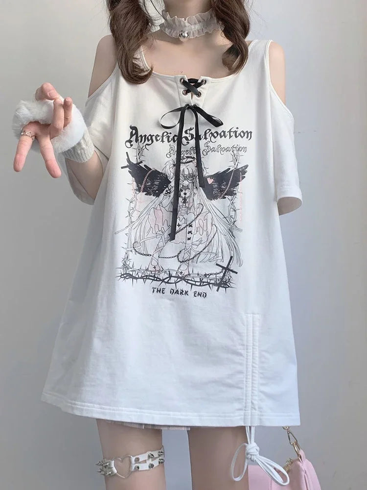 Off Shoulder Strapless O Neck White Angel T-shirts Letter Print Lace Up Short Sleeve Tshirts Women Loose Casual Long Tee Y2k