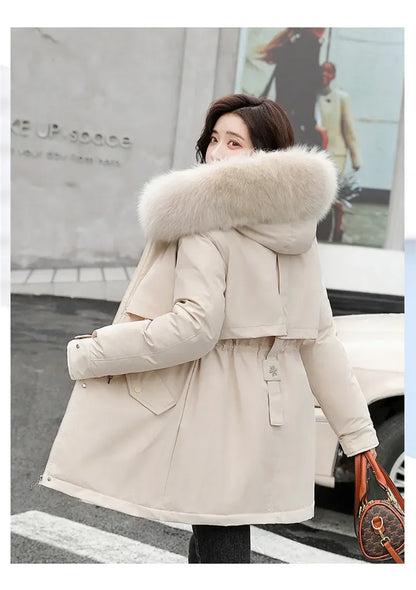 Winter Coat Low Price On Sale Women Beige Add Wool Thick Warmth Fur Hooded Parkas Jacket 2023 New Fashion Belt Slim Cotton Coat