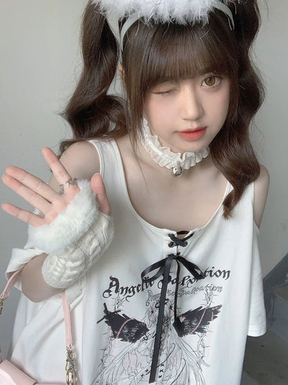 Off Shoulder Strapless O Neck White Angel T-shirts Letter Print Lace Up Short Sleeve Tshirts Women Loose Casual Long Tee Y2k