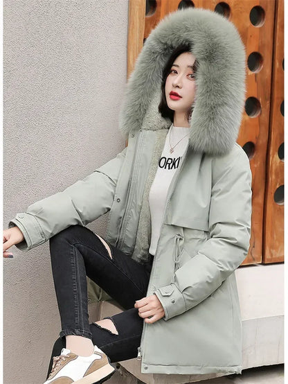 Winter Coat Low Price On Sale Women Beige Add Wool Thick Warmth Fur Hooded Parkas Jacket 2023 New Fashion Belt Slim Cotton Coat