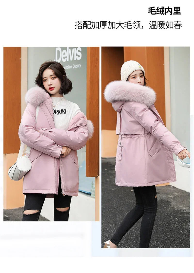 Winter Coat Low Price On Sale Women Beige Add Wool Thick Warmth Fur Hooded Parkas Jacket 2023 New Fashion Belt Slim Cotton Coat