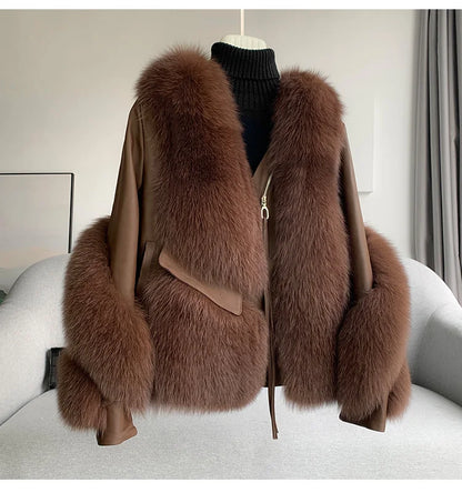 Real Fur Coat Winter Jacket - Women's Natural Fox Fur, Leather Outerwear/Streetwear Locomotive Thick Warm New