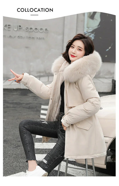 Winter Coat Low Price On Sale Women Beige Add Wool Thick Warmth Fur Hooded Parkas Jacket 2023 New Fashion Belt Slim Cotton Coat