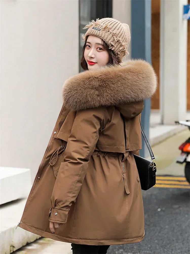 Winter Coat Low Price On Sale Women Beige Add Wool Thick Warmth Fur Hooded Parkas Jacket 2023 New Fashion Belt Slim Cotton Coat