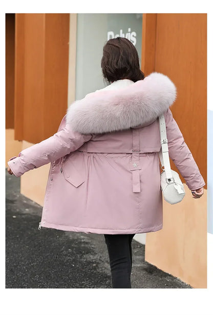 Winter Coat Low Price On Sale Women Beige Add Wool Thick Warmth Fur Hooded Parkas Jacket 2023 New Fashion Belt Slim Cotton Coat