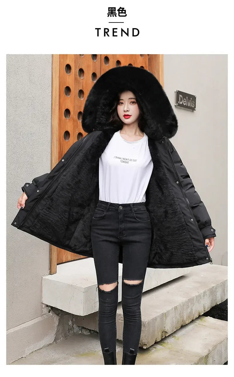 Winter Coat Low Price On Sale Women Beige Add Wool Thick Warmth Fur Hooded Parkas Jacket 2023 New Fashion Belt Slim Cotton Coat