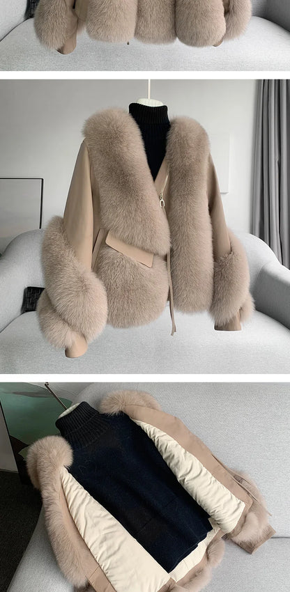 Real Fur Coat Winter Jacket - Women's Natural Fox Fur, Leather Outerwear/Streetwear Locomotive Thick Warm New