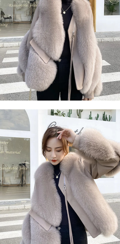 Real Fur Coat Winter Jacket - Women's Natural Fox Fur, Leather Outerwear/Streetwear Locomotive Thick Warm New