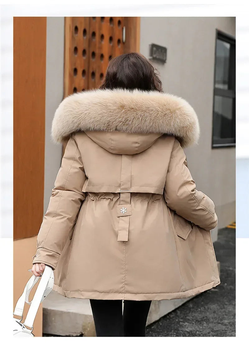 Winter Coat Low Price On Sale Women Beige Add Wool Thick Warmth Fur Hooded Parkas Jacket 2023 New Fashion Belt Slim Cotton Coat