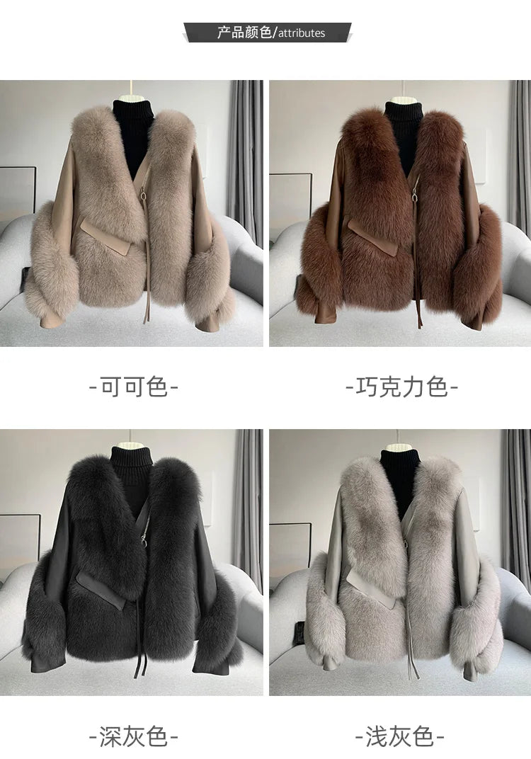 Real Fur Coat Winter Jacket - Women's Natural Fox Fur, Leather Outerwear/Streetwear Locomotive Thick Warm New