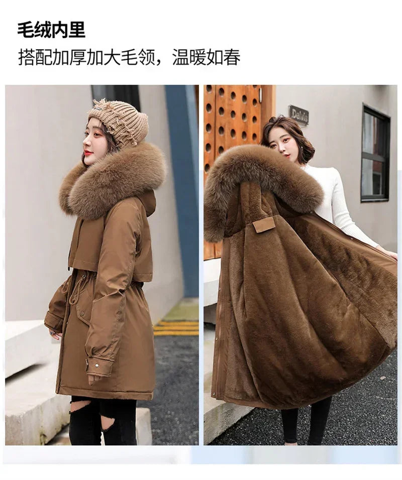 Winter Coat Low Price On Sale Women Beige Add Wool Thick Warmth Fur Hooded Parkas Jacket 2023 New Fashion Belt Slim Cotton Coat