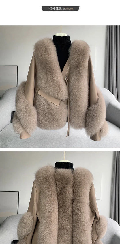 Real Fur Coat Winter Jacket - Women's Natural Fox Fur, Leather Outerwear/Streetwear Locomotive Thick Warm New