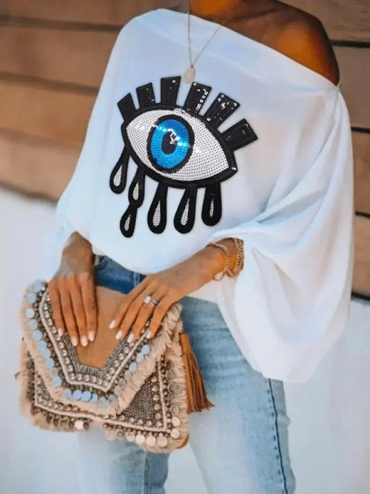 Yeezzi Female Fashion Causal Blue Eye Applique Cool Shoulder T-Shirts 2024 New Loose Long Puff Sleeves White Tops For Women