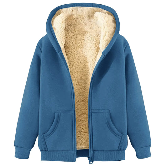 Winter Fleece Line Jacket Women's Solid Hooded Coat Autumn Winter Warm Long Sleeve Plush Coat Female Outerwear Fuzzy Jacket