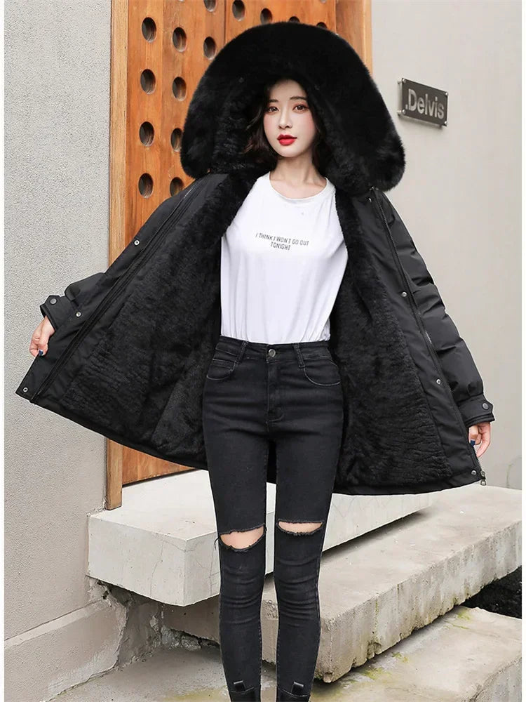 Winter Coat Low Price On Sale Women Beige Add Wool Thick Warmth Fur Hooded Parkas Jacket 2023 New Fashion Belt Slim Cotton Coat