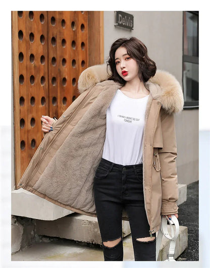 Winter Coat Low Price On Sale Women Beige Add Wool Thick Warmth Fur Hooded Parkas Jacket 2023 New Fashion Belt Slim Cotton Coat