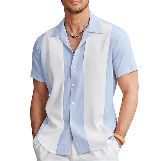 Men's shirt for casual - short sleeve color matching lapels street bowling shirt